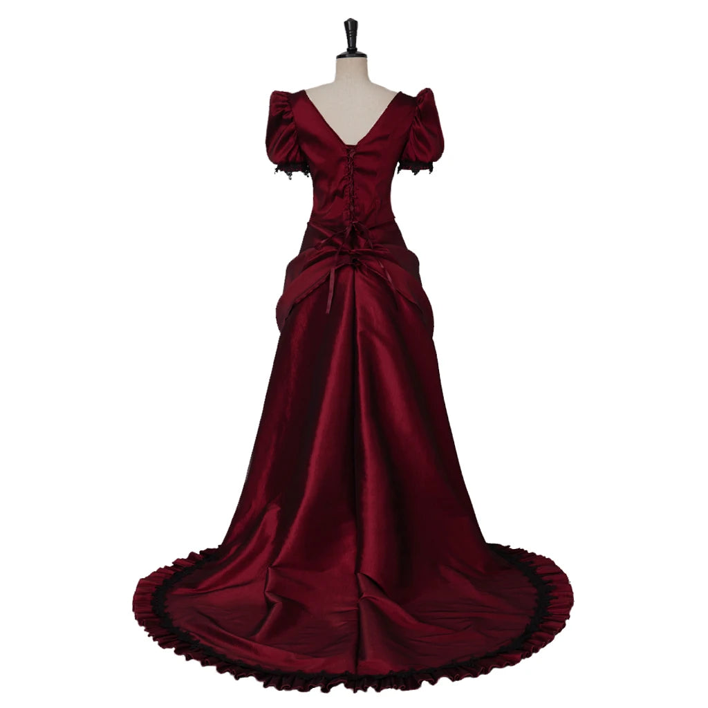 Gothic Victorian Dark Red & Black Evening Gown with Lace Appliqué & Cap Sleeves