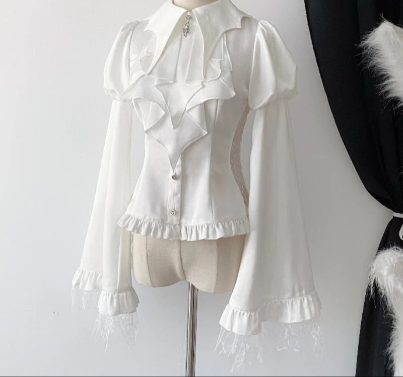 Women's Gothic Vampire Edgy Ruffled Shirt Blouse with Flared Lace Cuffed Sleeves