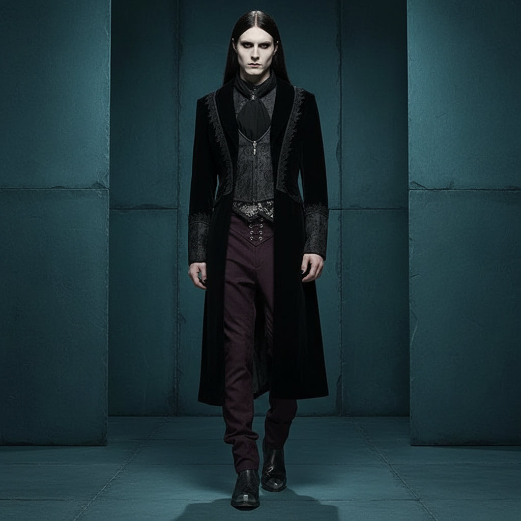 Men’s Gothic Renaissance Velvet Jacquard Slim-Fit Medium-Length Aristocrat Coat