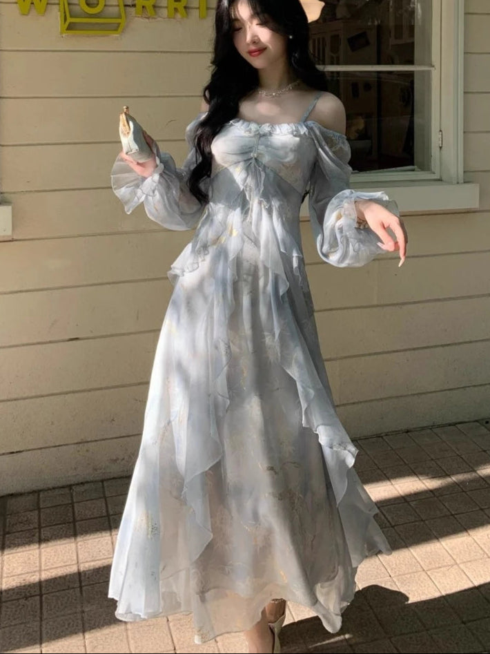 Ethereal Flowing Pastel Blue Dress with Ruffled Long Sleeves & Gold Accents - Lovez Aqua© -