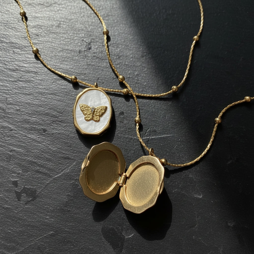 Vintage White Shell Golden Butterfly Photo Frame Gilded Locket Necklace - Lovez Aqua© -