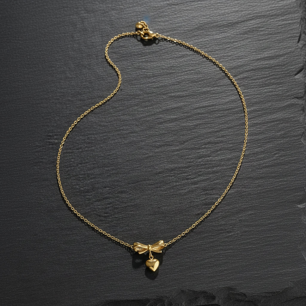 Women's Golden Heart & Bow Stainless Steel Romantic Pendant Necklace - Lovez Aqua© -