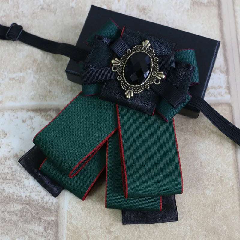 Vintage Baroque Men's Formal Ribbon Bowtie with Filigree Cabochon Rhinestone - Lovez Aqua© - 5