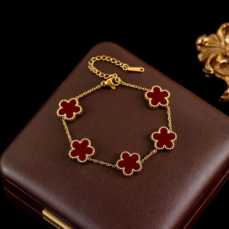 Luxury Black & Gold Five Leaf Clover Flower Necklace, Bracelet & Earrings Set - Lovez Aqua© - Red Bracelet