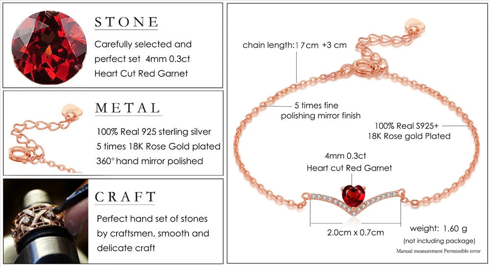 Exquisite Red Garnet Heart 925 Sterling Silver & Rose Gold Women's Vintage V-Shaped Bracelet