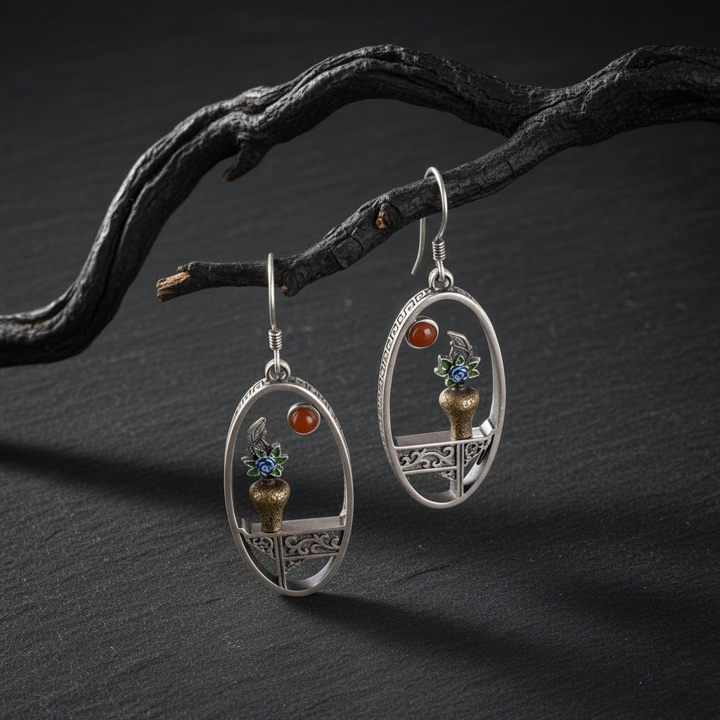 S925 Sterling Silver Handmade Flower Vase Vintage Window Frame Drop Earrings - Lovez Aqua© -