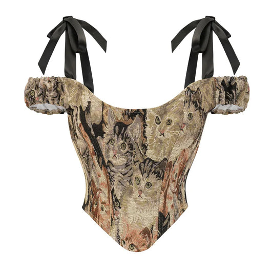 Vintage Cat Tapestry Style Print Off Shoulder Overbust Corset Top