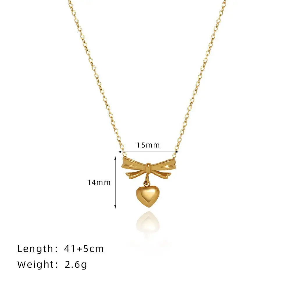 Women's Golden Heart & Bow Stainless Steel Romantic Pendant Necklace - Lovez Aqua© -