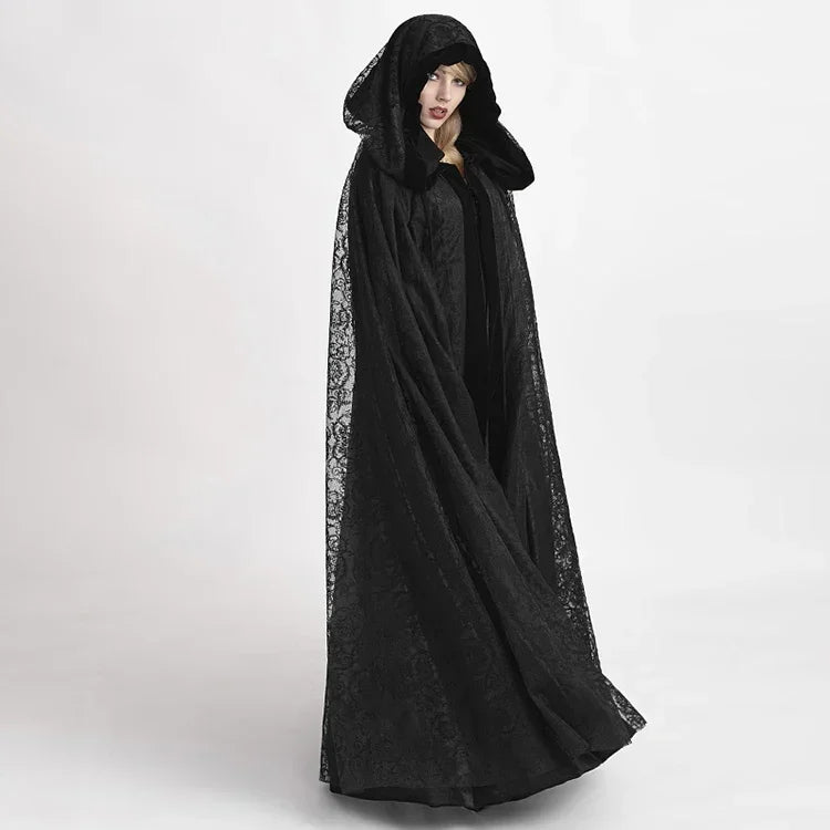 Victorian Gothic Floral Lace Hooded Cloak – Dark Fantasy Witch Medieval Cape