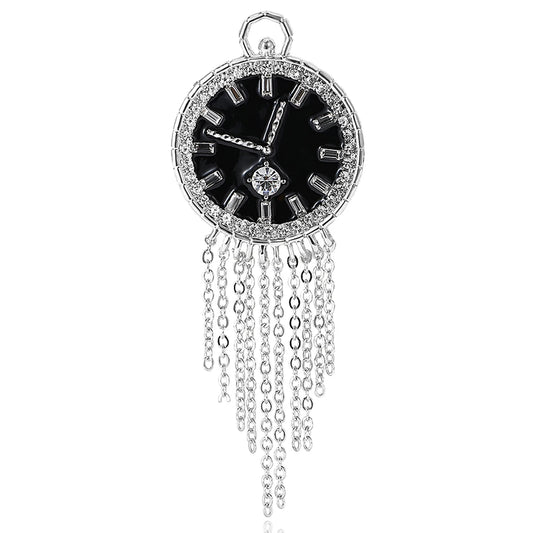 Vintage Rhinestone Clock Face Women's Tassel Brooch Pin
