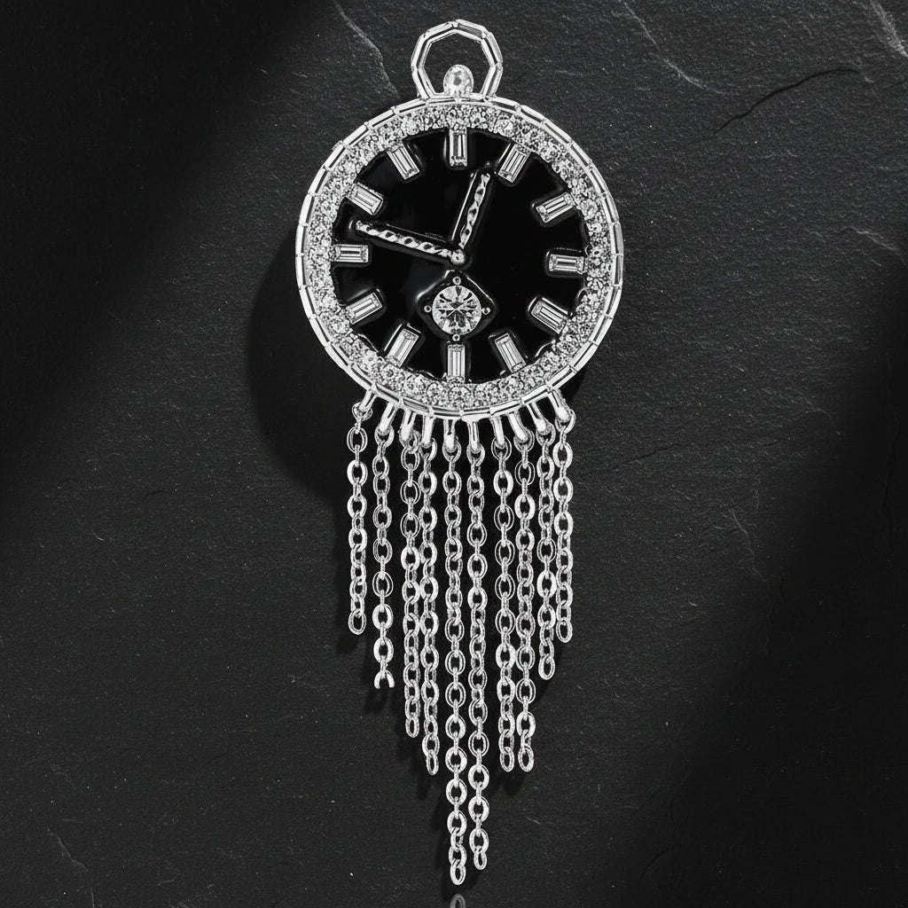Women's Vintage Clock Face Tassel Brooch Pin with Gemstone Detailing
