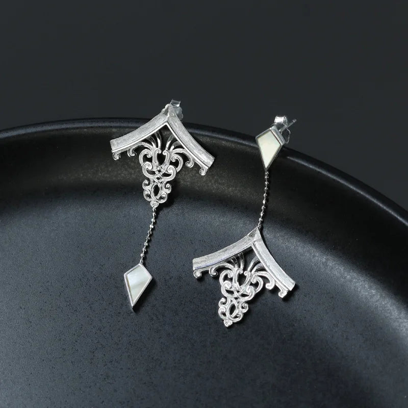 925 Sterling Silver & Mother of Pearl Chinese House Architecture Dangle Earrings - Lovez Aqua© -