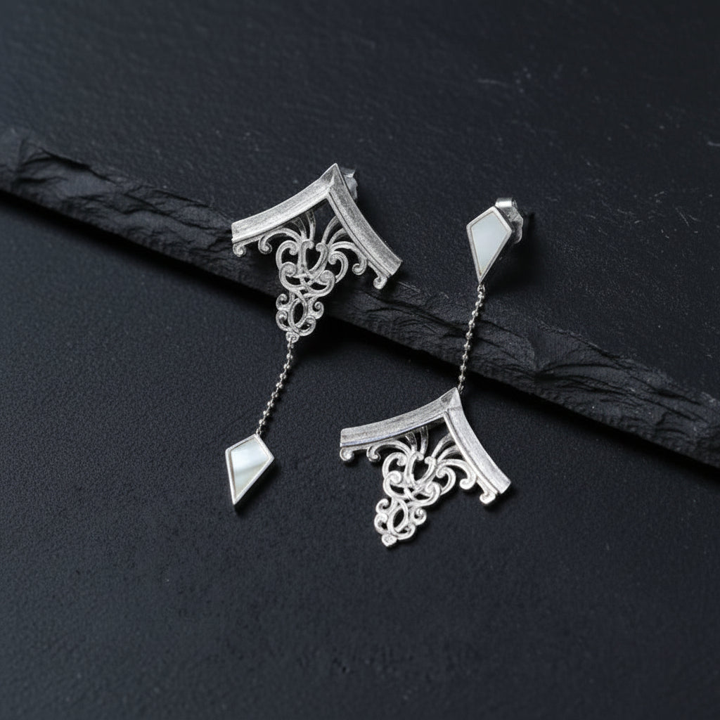 925 Sterling Silver & Mother of Pearl Chinese House Architecture Dangle Earrings - Lovez Aqua© -