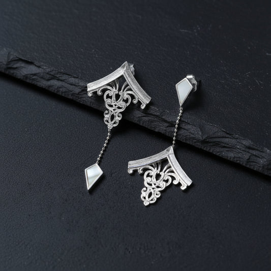 925 Sterling Silver & Mother of Pearl Chinese House Architecture Dangle Earrings - Lovez Aqua© -