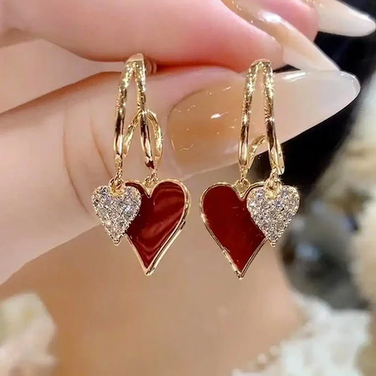Retro Red Oil Drip Effect Gold & Rhinestone Double Heart-Shaped Hoop Earrings - Lovez Aqua© -