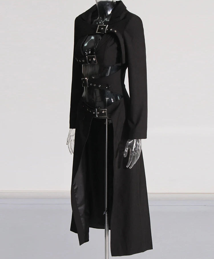 Women's Vintage Gothic Punk Black Asymmetrical Belted Long Trench Coat