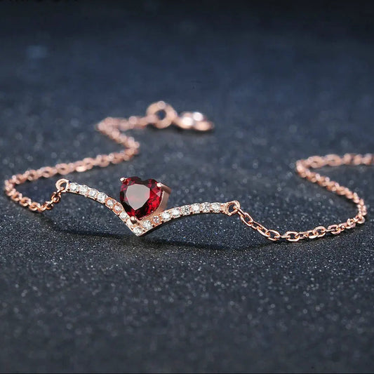 Exquisite Red Garnet Heart 925 Sterling Silver & Rose Gold Women's Vintage V-Shaped Bracelet