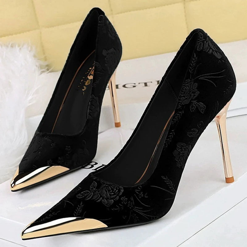 Luxury Women's Stiletto High Heels with Vintage Floral Embroidery & Metallic Pointed Toe