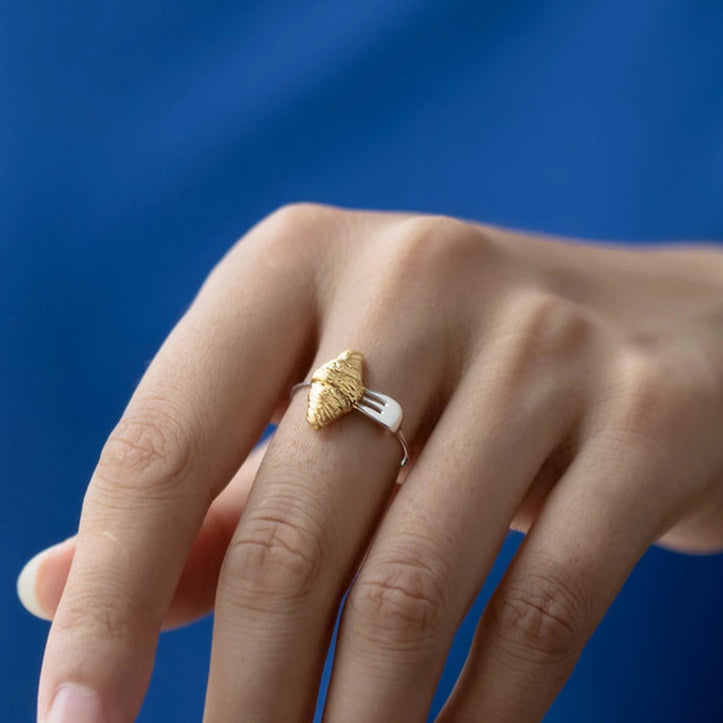 S925 Sterling Silver Two Tone 3D Croissant Fork Women's Open Ring - Lovez Aqua© -