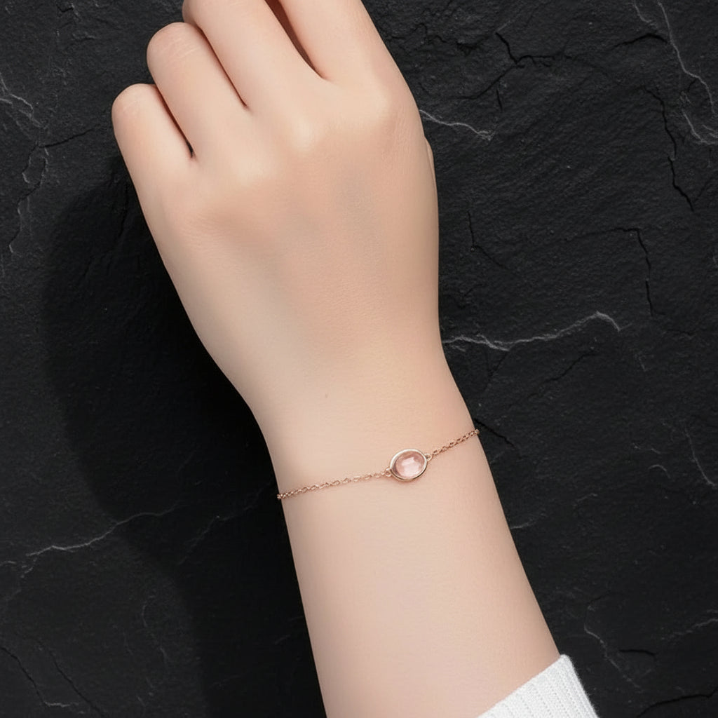 925 Sterling Silver Oval Rose Quartz 18K Gold Plated Women's Vintage Bracelet