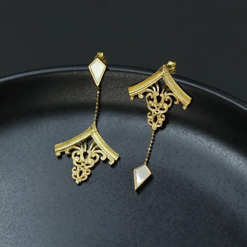 925 Sterling Silver & Mother of Pearl Chinese House Architecture Dangle Earrings - Lovez Aqua© -