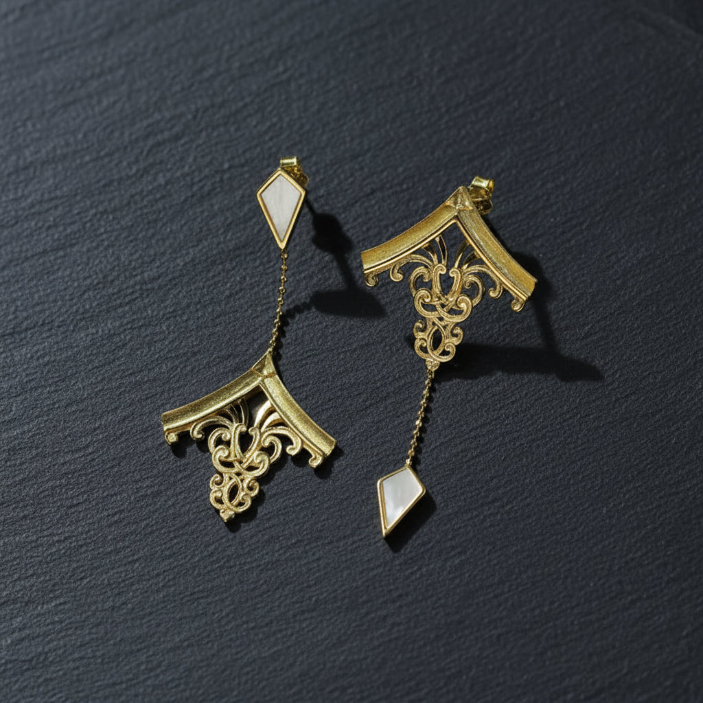 925 Sterling Silver & Mother of Pearl Chinese House Architecture Dangle Earrings - Lovez Aqua© -