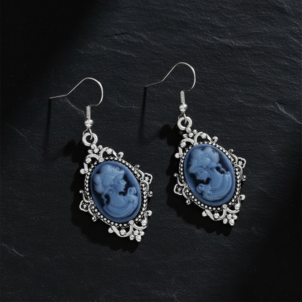 Women's Victorian Cameo Antique Portrait Edwardian Silver Filigree Drop Earrings