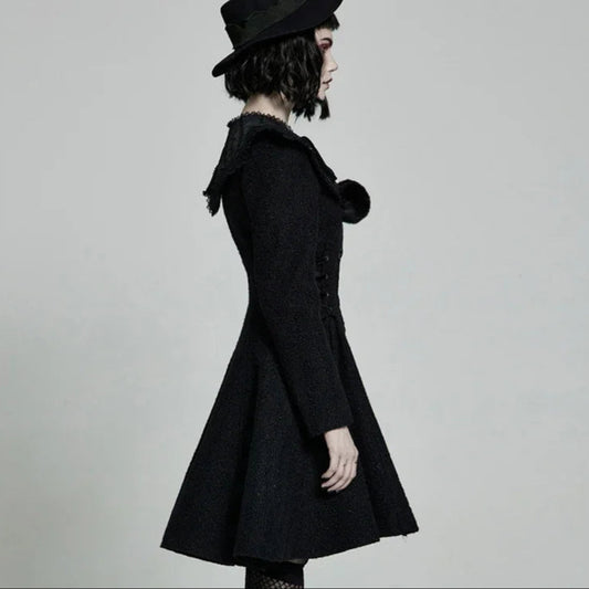 Women's Gothic Woolen Jacquard Slim Fit Winter Coat with Faux Fur Collar & Retro Rose Buttons