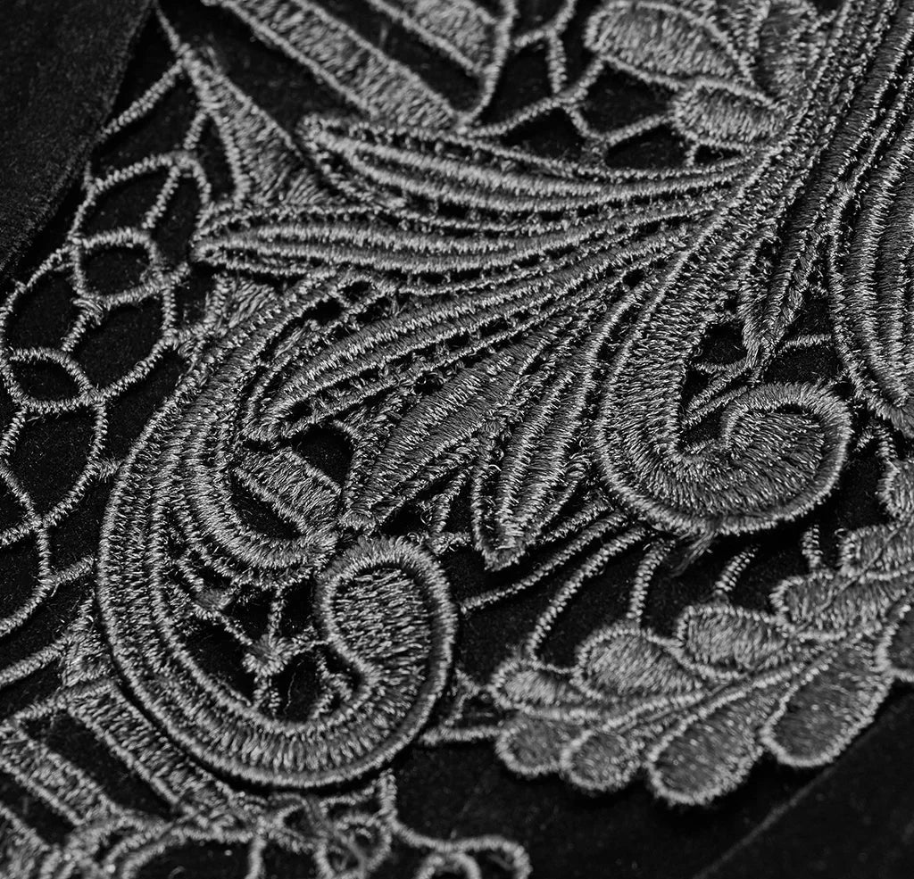 Women's Gothic Black Velvet Embroidered Victorian Short Jacket with Lace & Puffed Shoulders