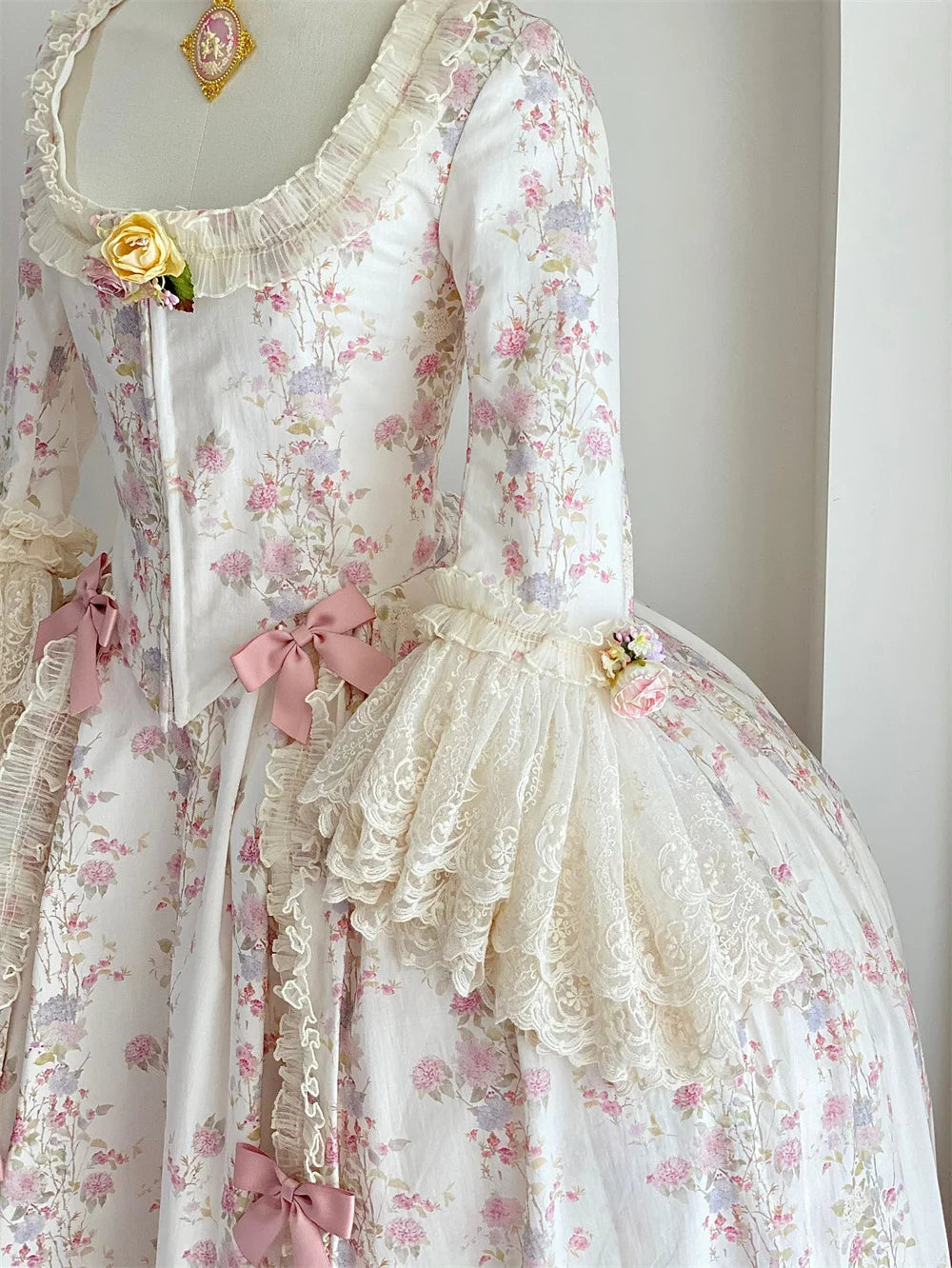 White & Pink Floral Rococo Court Dress 18th Century Inspired Ball Gown with Lace Flared Sleeves