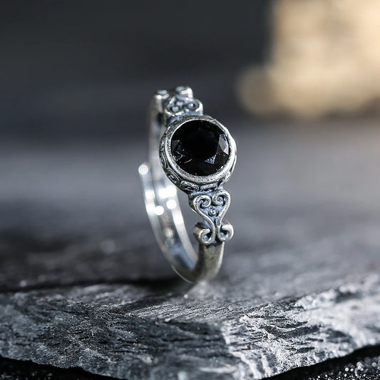 Vintage S925 Sterling Silver Black Spinel Women's Natural Gemstone Ring