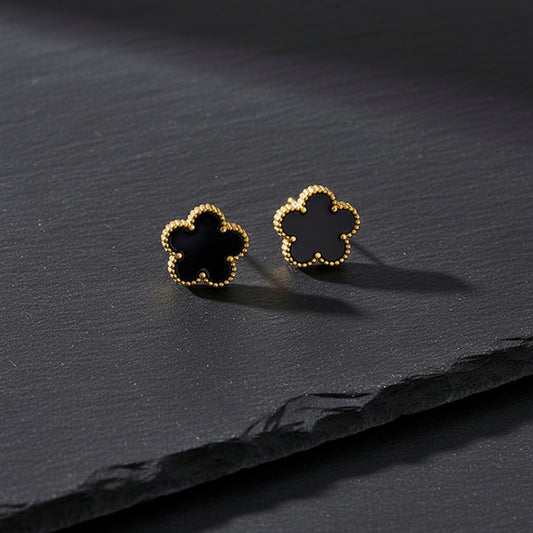 Luxury Black & Gold Five Leaf Clover Flower Necklace, Bracelet & Earrings Set - Lovez Aqua© -