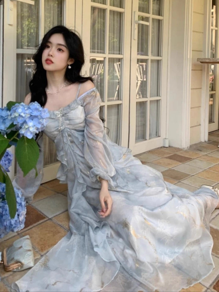 Ethereal Flowing Pastel Blue Dress with Ruffled Long Sleeves & Gold Accents - Lovez Aqua© -
