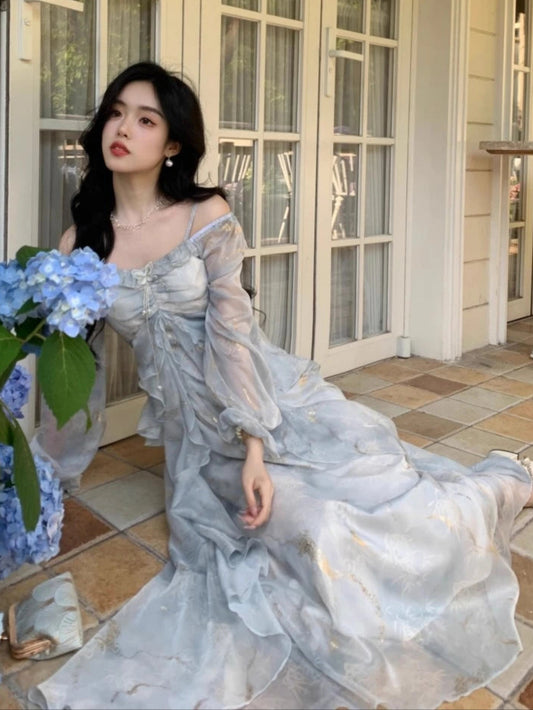 Ethereal Flowing Pastel Blue Dress with Ruffled Long Sleeves & Gold Accents - Lovez Aqua© -