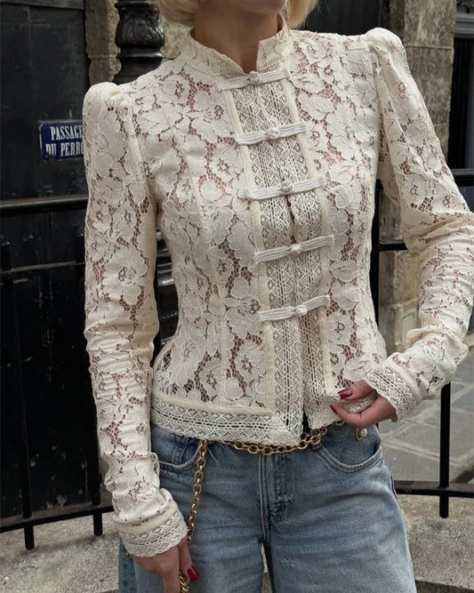 Women's Vintage Renaissance Embroidered Lace Blouse with High Neck Puff Sleeves