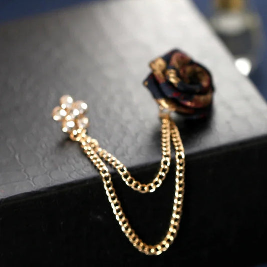 Vintage Red, Black & Gold Rose Men's Tassel Chain Suit Collar Brooch Lapel Pin - Lovez Aqua© -