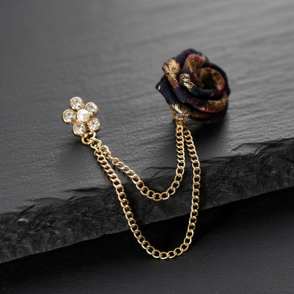 Vintage Red, Black & Gold Rose Men's Tassel Chain Suit Collar Brooch Lapel Pin - Lovez Aqua© -