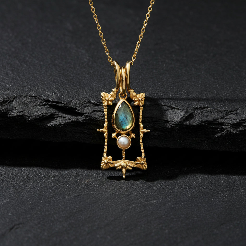 Vintage Baroque 925 Sterling Silver, Natural Labradorite & Pearl Women's Pendant Necklace