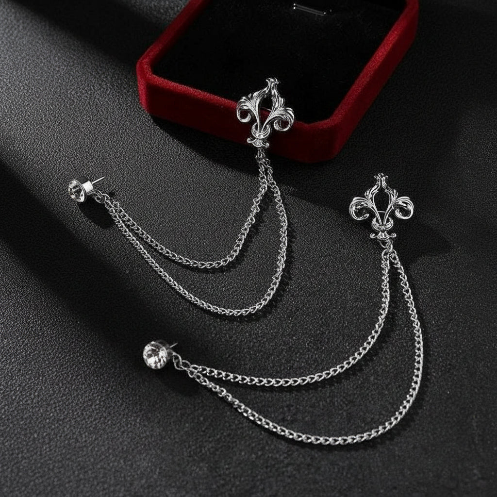 Elegant Fleur de Lis Men's Tassel Chain Brooch Pin with Rhinestone Embellishment - Lovez Aqua© -