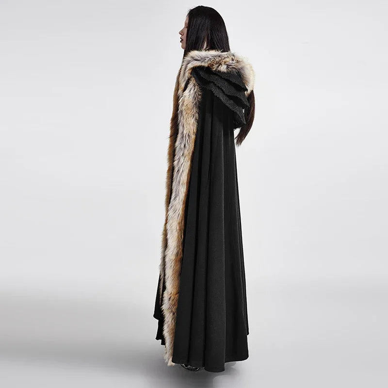 Gothic Renaissance Fur-Trimmed Hooded Women's Medieval Cloak with Ruffled Collar