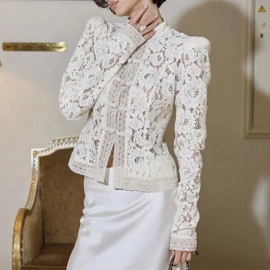 Women's Vintage Renaissance Embroidered Lace Blouse with High Neck Puff Sleeves
