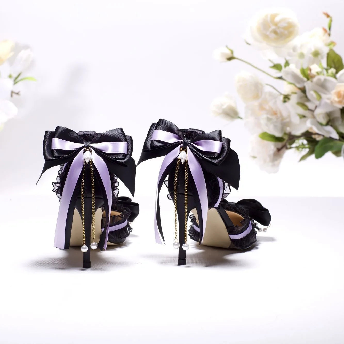 Women's Black & Purple Satin High Heels with Lace, Bow & Pearl Embellishments