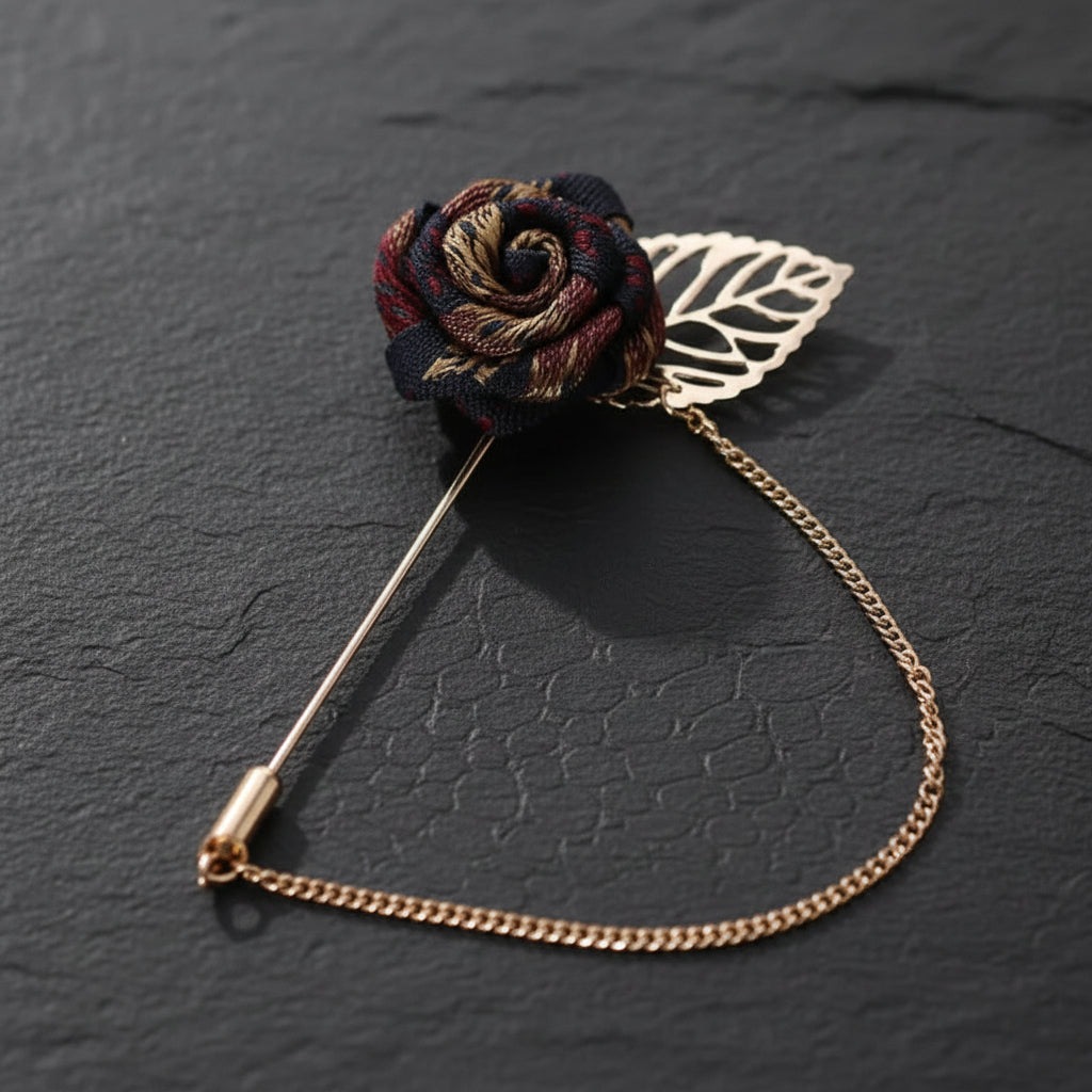 Vintage Red, Black & Gold Rose Men's Tassel Chain Suit Collar Brooch Lapel Pin - Lovez Aqua© - 1