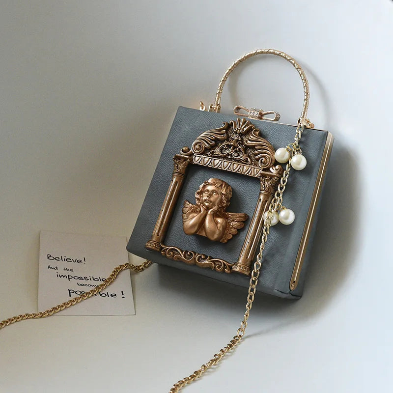 Luxury Cupid Angel Gilded Vintage Style Square Faux Leather Women's Handbag - Lovez Aqua© -