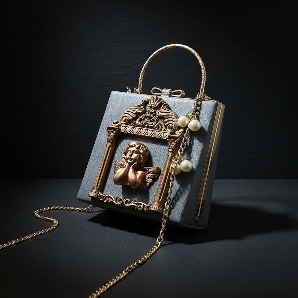Luxury Cupid Angel Gilded Vintage Style Square Faux Leather Women's Handbag - Lovez Aqua© -