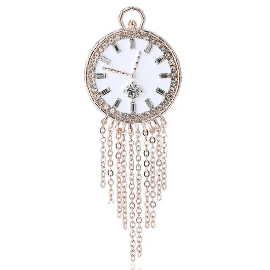 Vintage Rhinestone Clock Face Women's Tassel Brooch Pin