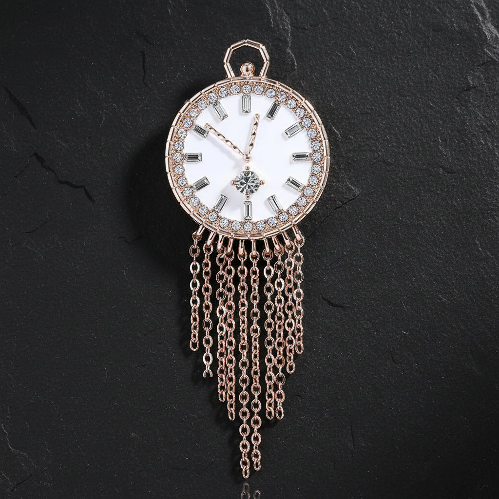 Women's Vintage Clock Face Tassel Brooch Pin with Gemstone Detailing