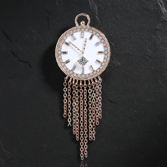 Women's Vintage Clock Face Tassel Brooch Pin with Gemstone Detailing