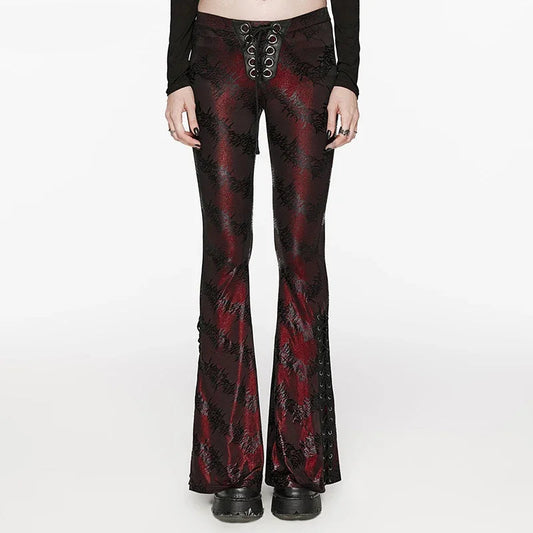 Women's Dark Red & Black Gothic Floral Jacquard Embroidered Metallic Lace-Up Flared  Pants