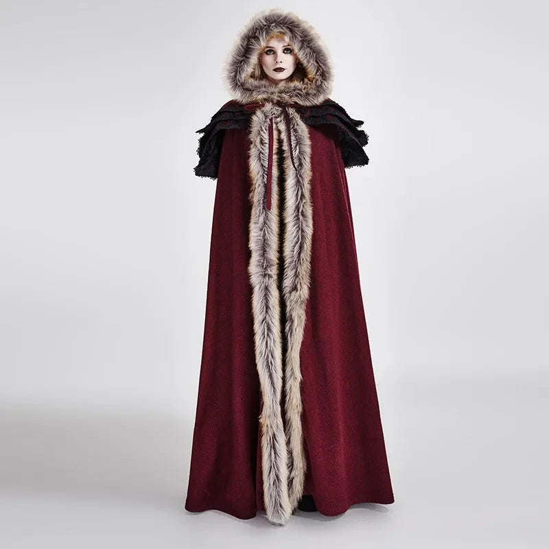 Gothic Renaissance Fur-Trimmed Hooded Women's Medieval Cloak with Ruffled Collar